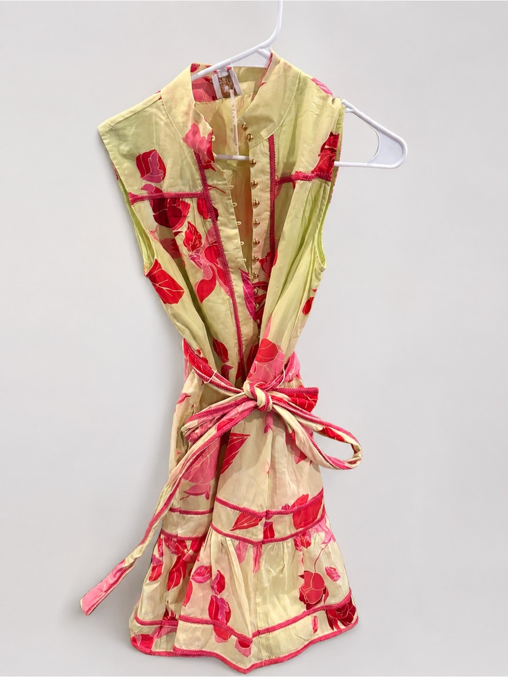 Sleeveless Floral Tie-Waist Mini Dress in Yellow and Fuchsia
